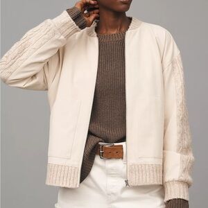 Anthropologie Ivory Bomber Jacket with Knit Sleeves